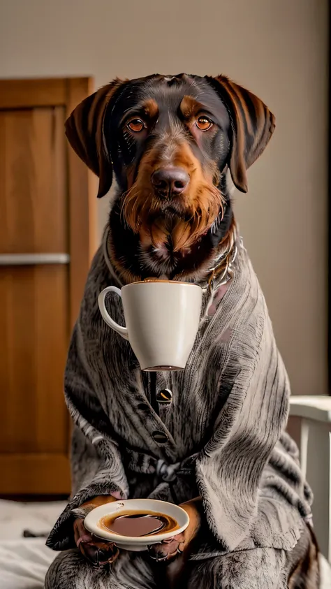 (best quality:1.23), (masterpiece:1.12), (realistic:1.24), (anthropomorphic dog:1.5) holding a coffee cup, drahthaar sitting, in...