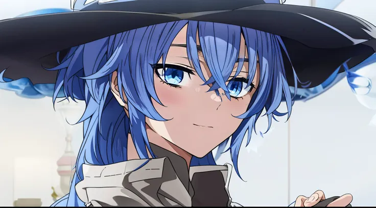 anime girl with blue hair wearing a black hat and holding a cell phone, 2 d anime style, from touhou, an anime portrait of cirno, anime moe artstyle, 2 d anime, sad cerulean eyes, made with anime painter studio, cirno touhou, [[[[grinning evily]]]], touhou...