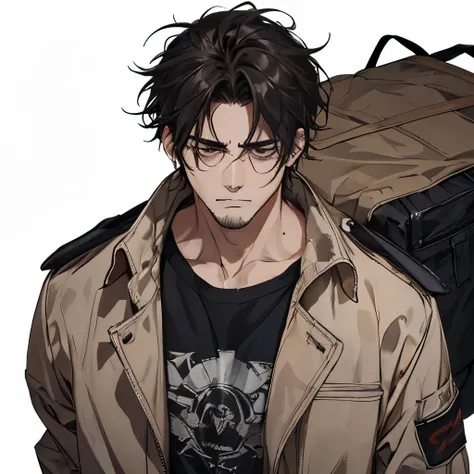 A man, unkempt, tired, haggard, stubble,bags under the eyes, untidy, disheveled, black hair, stubble, pale, sick, white background, brown jacket, messy