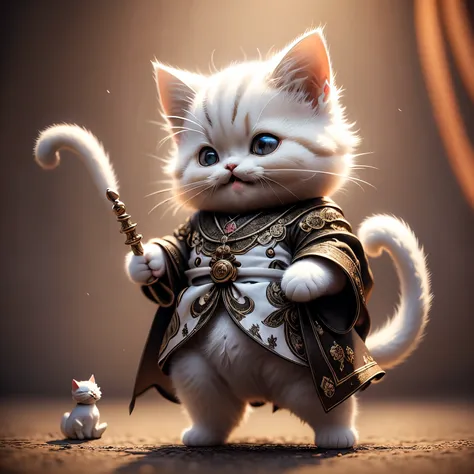 masterpiece、highest quality、super detailed、(chibi chara white cat:1.2),realistic cat,detail coat,wizard ,royal hall,laughter,ful...