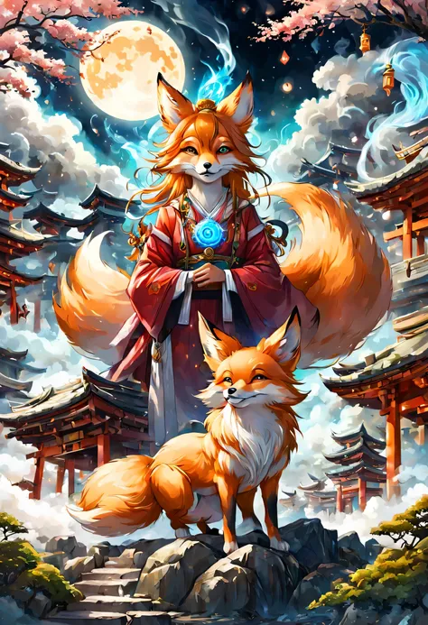 magical creatures, fox, magical fox, (fox with magical aura and white smoke), at the shrine, full moon in the background, (maste...