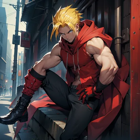 (26 years old), (male), Yellow hair, (Blue eyes), Spiky, red scarf, red hoodie vest, sleeveless, black pants, black gloves, slim, up to legs, intimidating aura