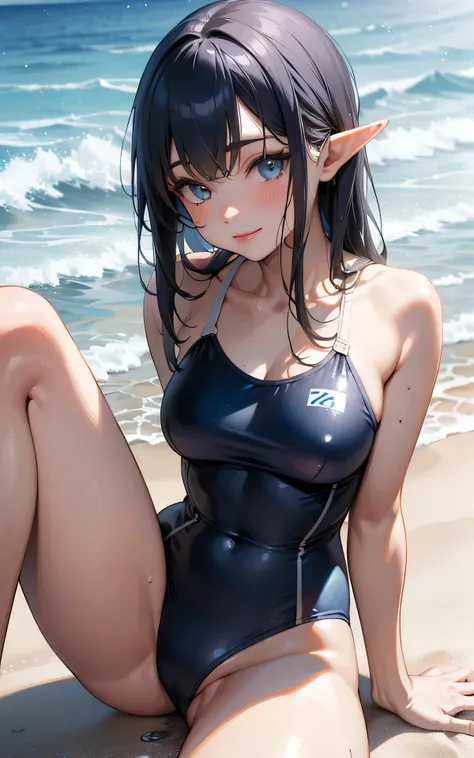 absurderes:2.0、(( sitting on beach, spread legs)), blue sky Beach, realistic, Unity 8K Wallpaper, Masterpiece, Realistic face, Realistic skin feeling ,detailed hair, highly detailed, realistic glistening skin, detailed background, oily skin, (high-key ligh...