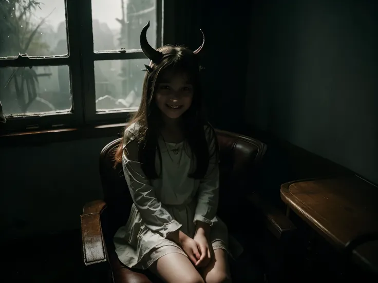 Young girl (10 years old), sitting on a chair in a dark room, pale light falls on her, angelic face, small red horns, smiling, the scenery is supposed to look eerie and creepy