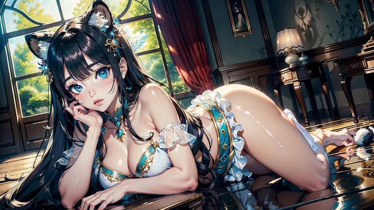 (masterpiece), best quality, expressive eyes, full body, perfect face, blushing, adult raccoon goddess, hair fringe, heart shaped hair clips, large teardrop , sensual dress, fluttering, hands between legs, fluffy tails, intricate details, masterpiece, wall...