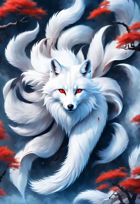 (A white fox with nine red tails in ancient Chinese mythology, Mountain and Sea Sutra), long hair, Mysterious legends, Chinese mythology, Gorgeous and beautiful hair, (blue eyes), blue eyes, clear fox paw, concept art, illustration, 8k, Smooth, clear focus...