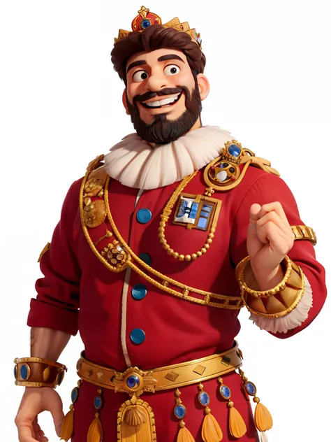 masterpiece, best quality,a man who is a king with bearded，with a big smile on its face，Caesar Andrade Faini,White background,rich king,big eyes,excited,crown,trinkets,Very rich,gorgeous clothes