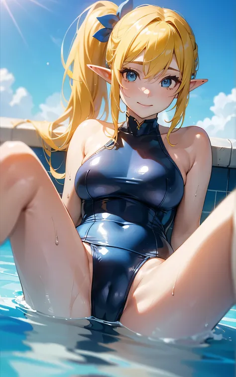 absurderes:2.0、((floating in the pool:1.8, spread legs)), blue sky Beach, realistic, Unity 8K Wallpaper, Masterpiece, Realistic face, Realistic skin feeling ,detailed hair, highly detailed, realistic glistening skin, detailed background, oily skin, (high-k...