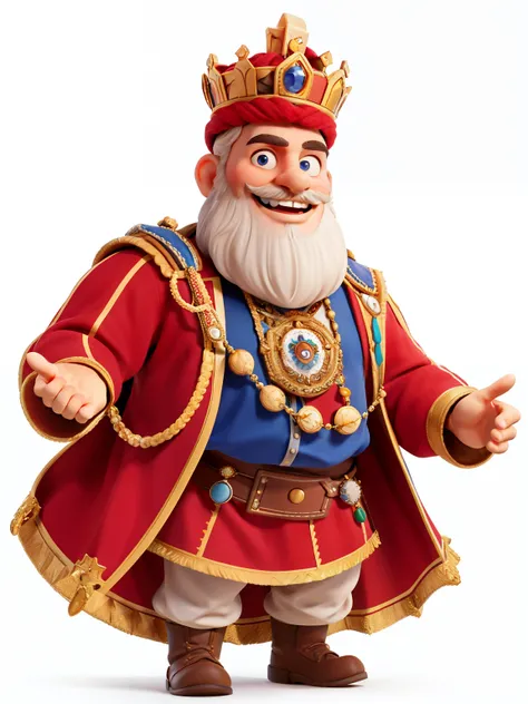 masterpiece, best quality,a man who is a king with bearded，with a big smile on its face，Caesar Andrade Faini,White background,rich king,big eyes,excited,crown,trinkets,Very rich,gorgeous clothes,dwarf