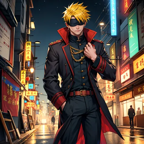 A Young man，Handsome，Spiky Yellow Hair,  nightcity，Sateen，Blindfold,  Wizard Millitary Chinese coat，Put your hands in your pockets