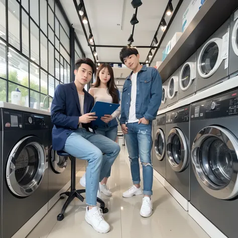 korean Three people in a laundromat, washing machines, A salesperson wearing a bluee jacket shows a couple of laundry machine, modern interior, bright lighting.