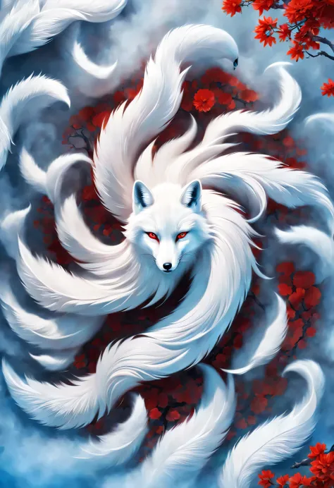 (A white fox with nine red tails in ancient Chinese mythology), Mountain and Sea Sutra, beautiful long hair, Mysterious legends, Chinese mythology, (blue eyes), (The fox grew nine red tails,like a whirlpool), clear fox paw, concept art, illustration, 8k, S...