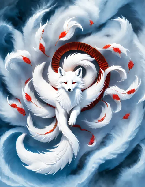 (a white fox with nine red tails in ancient chinese mythology), (whole body on side), (mountain and sea sutra, beautiful long ha...