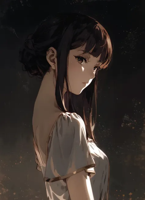 anime girl with short brown hair with two horns protruding from beneath her hair and a white dress standing in front of a dark b...