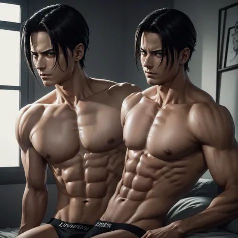 (rostro y figura de Levi ackerman )1 chico,Solo, pijama ,retrato,dormitorio  , sexy , recostado en la cama , sudor , wet ,  rudo , lean muscles , Cuerpo perfecto,  Mejor calidad,  mejor iluminacion, mejor sombreado,  high resolution Levi Ackerman (((8k))),...