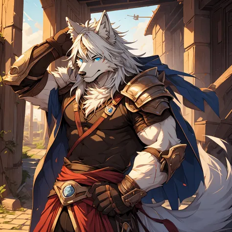 injuried、、and、sad eyes、wounds、armor、sword、hairy、masterpiece、anthropomorphic white wolf，blue eyes，pure white hair