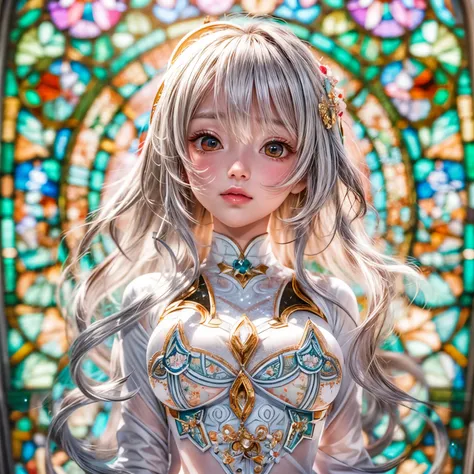 KAWAII girl in ((WHITE loose opened Uniform)), with Glossy RED lips, (Exposed:0.7), (nipple:-1), { Extremely closeup | Dynamic-angle }, ((Dazzling stained glass Background)), (( colorful Light pours down from stunning elaborate stained glass:1.2)), vivid R...