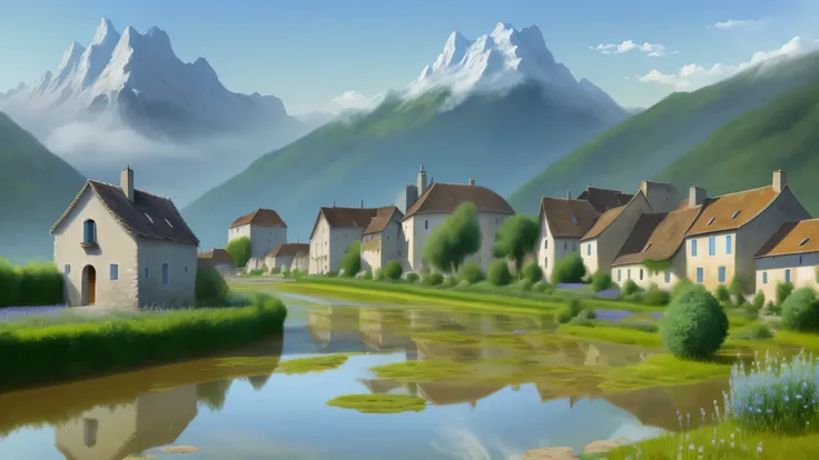 ciel étoilé, les montagnes et les rivières se rassemblent au milieu, eau qui coule, villages, style animé