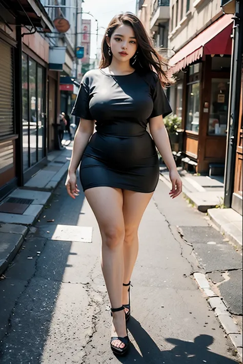 ((best quality)), ((masterpiece)), (detailed), perfect face, araffe woman in a longest dress walking down a street, thicc, she has a jiggly fat round belly, bbwchan, wearing tight simple clothes, skinny waist and thick hips, widest hips, her belly is fat a...