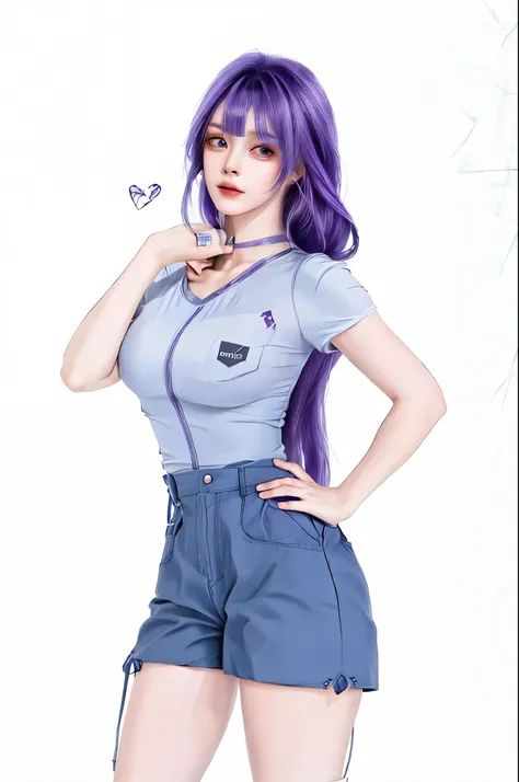 anime girl with purple hair and blue shorts posing for a picture