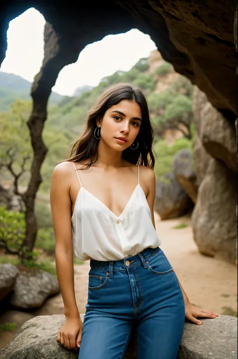 fotografia de uma mulher, (serene and simple facial expression), olhar provocante, sensual, travessa. Pele texturizada, arrepio, cabelo afro loiro, camisa xadrez de flanela com jeans boyfriend desgastado, tiro de vaqueiro, dark and mysterious cave with uni...