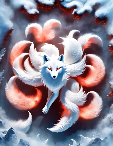 scenography, role conception, 3d rendering, realistic fur,
In ancient Chinese mythology, A white fox with blue eyes, It has nine fan-shaped red tails,unfold wildly below. it stands in a dynamic posture, The fox has nine huge red tails from the waist down. ...