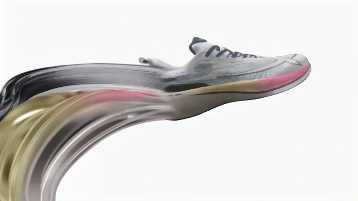 A pair of dark silver、Sports running shoes in yellow and pink tones, exhibits a unique twisted and elongated shape, Composed of a variety of parts and materials, it has a velvet effect, Mainly soft gray tones, Subtle contrast with the white sole, The shoe ...