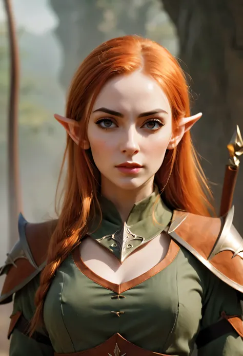 ((Majestic_uniform):1.2), ((Expressive_face:1.2), ((Pretty Elven Soldier):1.1), ((Hourglass_figure):1.1). ((Stand Ready):1.3), | Smooth lines, showing expressions and postures through contrast, Photograph of Auburn Elven Female soldier, fine photography, h...