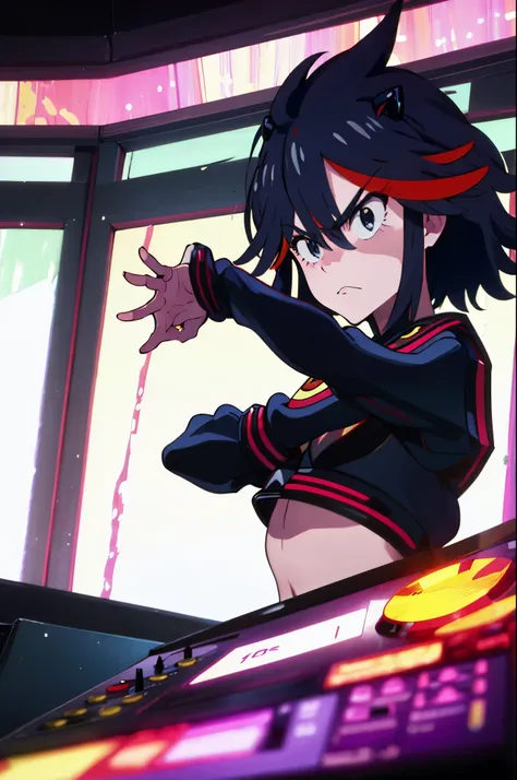 1 solo ryuuko matoi  incrsdealwithit sunglasses serious expression deadpan wild hairstyle 
as she djs djing on teh dj decks viyn...