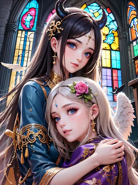 ((highest quality)),(ultra high resolution),(Super detailed),(detailed description),((best CG)),(best work of art),super precision art,great drawing art,(Fantasy art with precise details:1.5), (1 Female Angel:1.6),(one female demon:1.6),(beautiful and well...