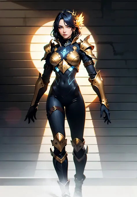 A woman adorned in fantasy-style full-body armor, a crown-concept fully enclosed helmet that unveils only her eyes, a composite layered chest plate, fully encompassing shoulder and hand guards, a lightweight waist armor, form-fitting shin guards, the overa...