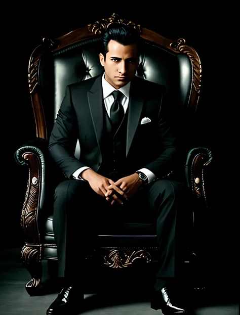 arafed man in a suit sitting in a chair in a dark room, epic and classy portrait, man in black suit, dark suit, sitting on his throne, wearing a strict business suit, wearing a black noble suit, in a black suit, black suit, in strict suit, wearing a black ...