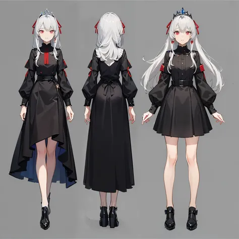 ((((gray background,)))),whole body, Uniforms, Front view, side view, Rear view, red eyes, Glowing pupils, Delicate tiara, long white hair, ribbon, jewelry, faint smile, Dress uniformly, (Reference table), ultra high definition, precise, Super details, Awa...