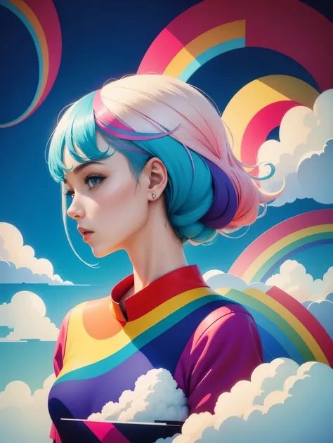 1 girl，abstract，surreal colors，fashion，geometry，surrealism，rainbow，paper cutting，clouds，light blue sky，paper hair