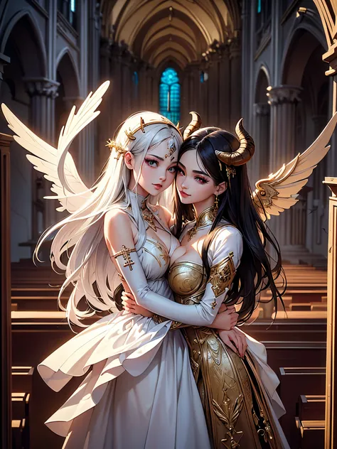 ((highest quality)),(ultra high resolution),(Super detailed),(detailed description),((best CG)),(best work of art),super precision art,great drawing art,(Fantasy art with precise details:1.5), (1 Female Angel:1.6),(one female demon:1.6),(beautiful and well...