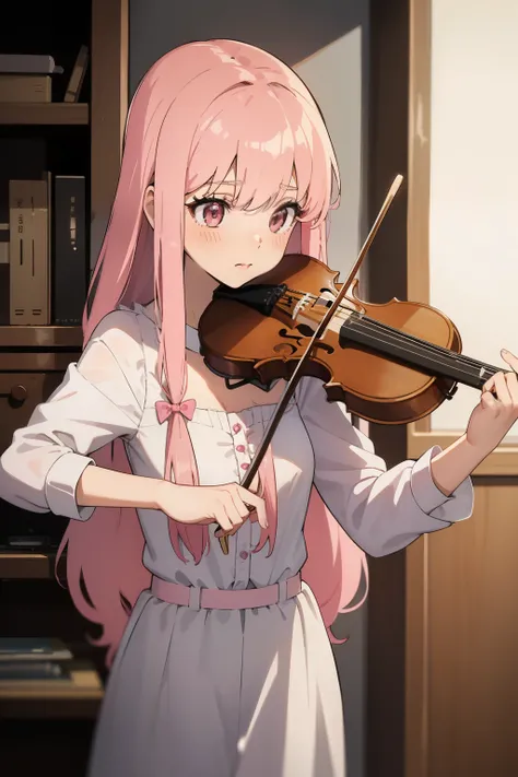 Gentle in the 60s、Female long pink hair violin teacher with bobs hairstyle、Draw a picture of a cute girl having a violin class。fiddle