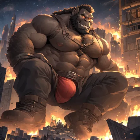 Gorilla orc, gorilla, male, Strong build, brown furry skin, chest hair, black beard, long sharp teeth, large thick lower canine teeth, thick pointed ears, (glowing eyes: 1.2), giant sized, no pants, larger than city, reclining on a battlefield, buckled boo...