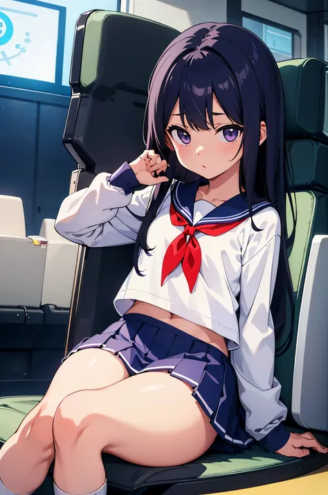 Inside the cinema　暗いInside the cinema　elementary school girl　8-year-old　flat chest　black hair　long hair　eyes are purple　（（1 person））　Upper body white long sleeve sailor suit　Lower Body Navy Blue Miniskirt　white panties　white socks　sports boots　Lying down o...