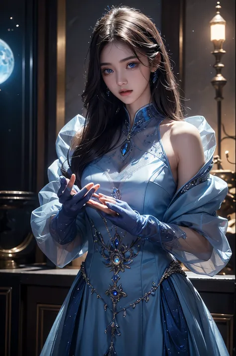 Full figure, seven -clinging shooting, 18 years old, wearing transparent science fiction clothes, exquisite faces, details, hands, ultimate details, amazing magnificence, LED internal lighting, Pedaipan style, fiber hair, glowing blue iris, glowing blue ir...