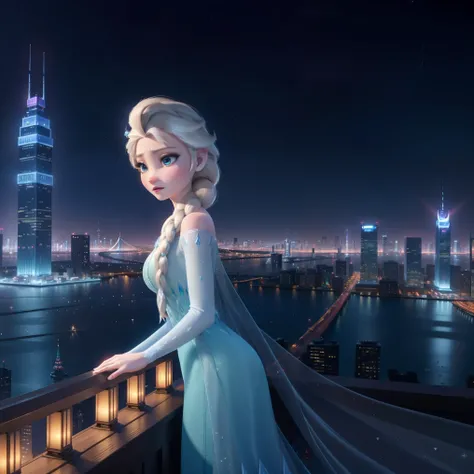 Elsa、beautiful, Elsa, frozen cityscape, high quality、京都city night view