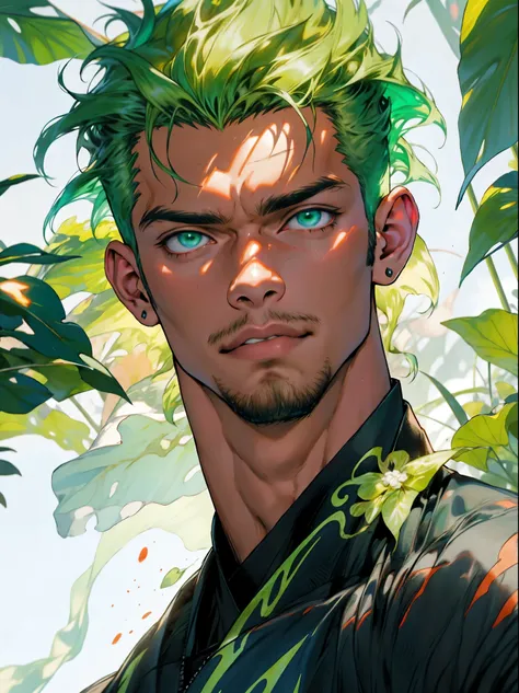 un primer plano de un hombre con fuego verde en la cabeza y torso, humano resplandeciente, Como se ilustra en Top Cow Comics, Brillando en poder, Sosteniendo fuego verde, Hoja de alma verde brillante,esqueleto,esqueleto humano,huesesos,deretirse,nuclear,(1...