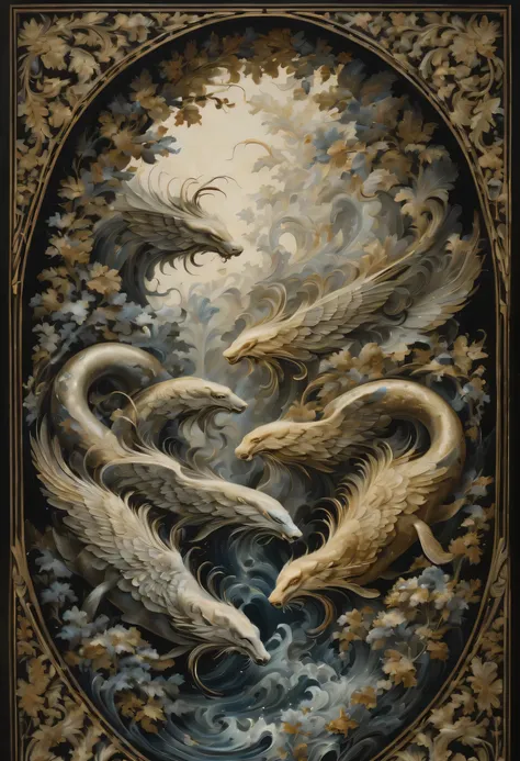 deep in the darkest hole, majestic and mythical creatures、Brought to life by the mesmerizing strokes of a meticulously applied brush。. Every line and curve of this extraordinary image is、Marvel at an unparalleled level of intricate detail。, awe the audienc...