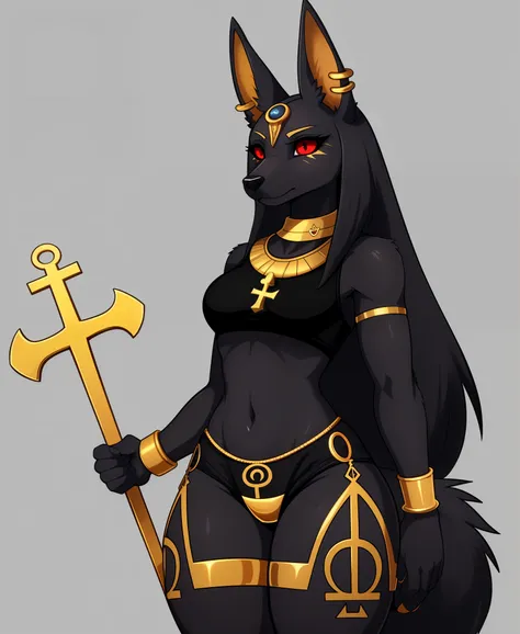 solo, 1girl, best quality, anubis, red eyes, furry, animal ears, furry female, dark body fur, thighlet, navel, jewelry, thick th...