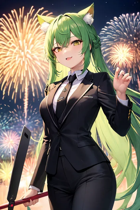 ((ผลงานชิ้นเอก))(น่ารัก)(เด็กผู้หญิง) long lightgreen hair with morter board. black suit with necktie. in firework festival. cat ear