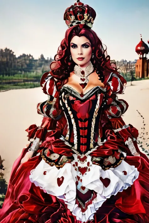 beautiful busty girl wearing a dress as the queen of hearts photorealistic, masterpiece, best quality, 8k raw