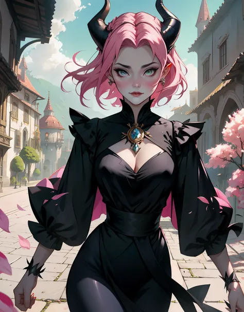 1 mulher, dressed up as maleficent, strong emotions, sakura, cabelo curto, (cabelo rosa!!) , luz, foco, como malevola, corpo inteiro, horns on head, solo, magia ao seu redor, she is in front of a castle,(leggings and black blouse),  from head to toe ((corp...