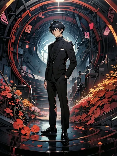 Anime man in a suit standing in a circular tunnel against the sky, ryuta ueda artwork, shigenori soejima illustration, official art, anime key visual of elegant, high detailed official artwork, wearing a black aristocratic suit, dreamy psychedelic anime, O...