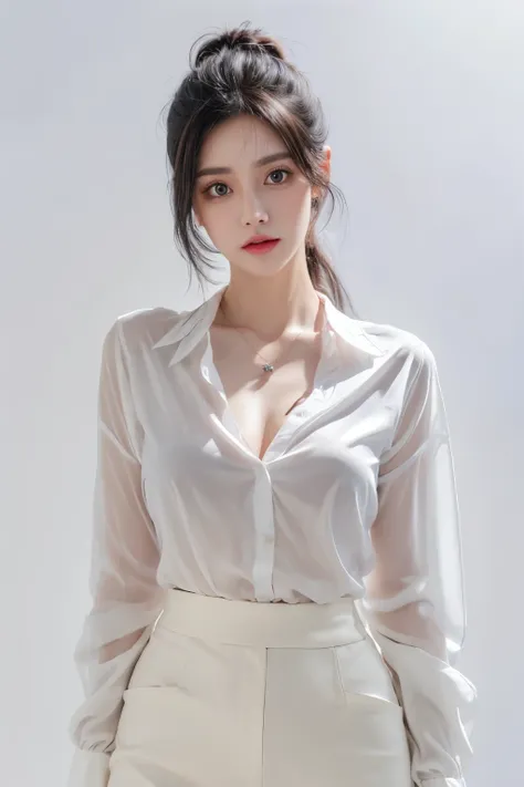 a woman, beautiful, amazing face and eyes, cosmetic,(Extremely detailed beautiful face), (The sexiest look), (best quality), (Super detailed), (Extremely detailed CG unified 8k wallpaper), (standing), (pure white background),(black hair),(big eyes),(Soft l...