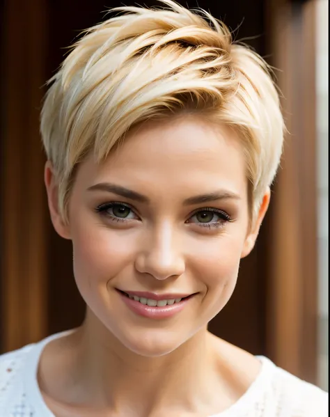 Pixie cut, very, very short hair, uneven tips, smile, brown hair