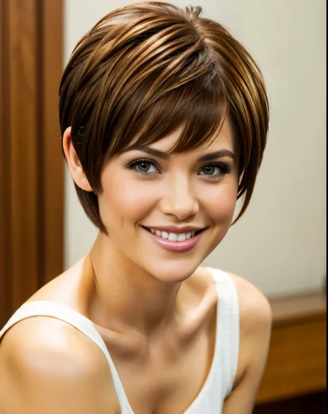 Pixie cut, very, very short hair, uneven tips, smile, brown hair